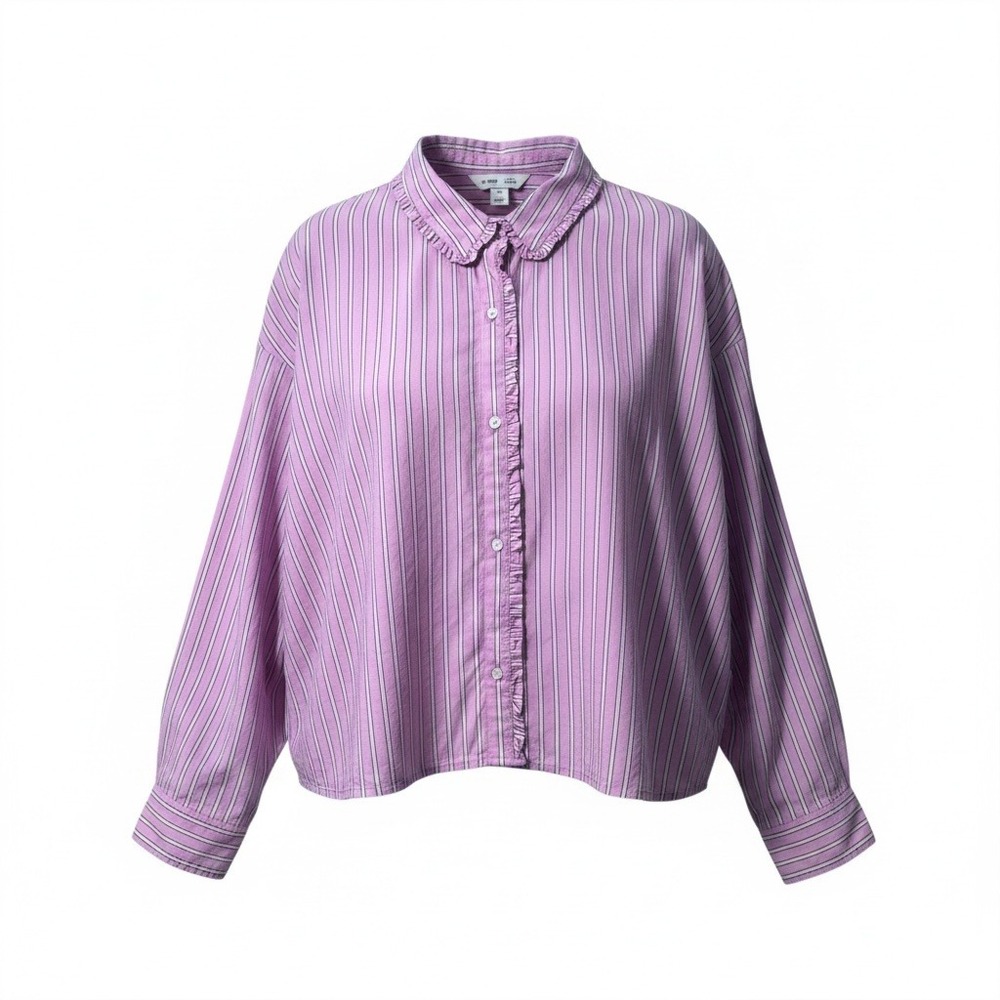 Old Navy Cropped Shirt Women 3X Pink Striped Ruffle Collar Preppy Coquette NEW